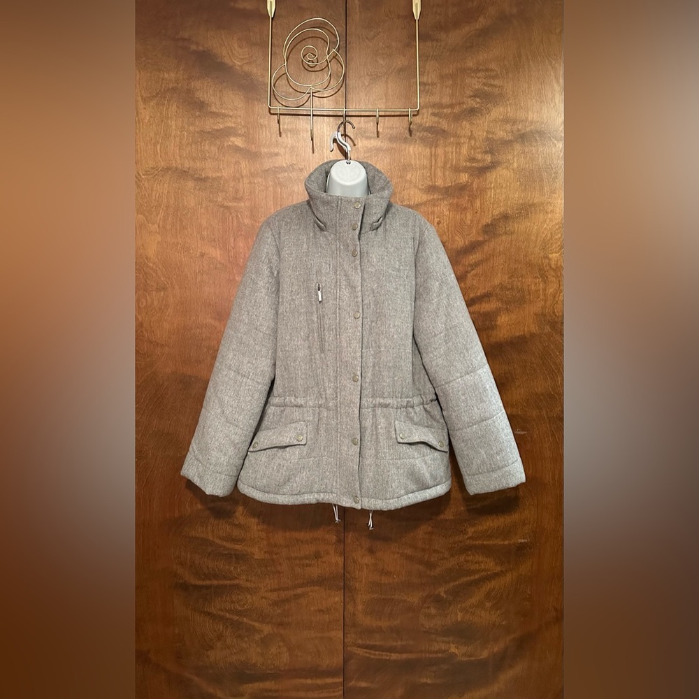 Talbots Long Sleeve Wool Blend Puffer Coat Womens L Grey Zip Front NO HOOD EUC